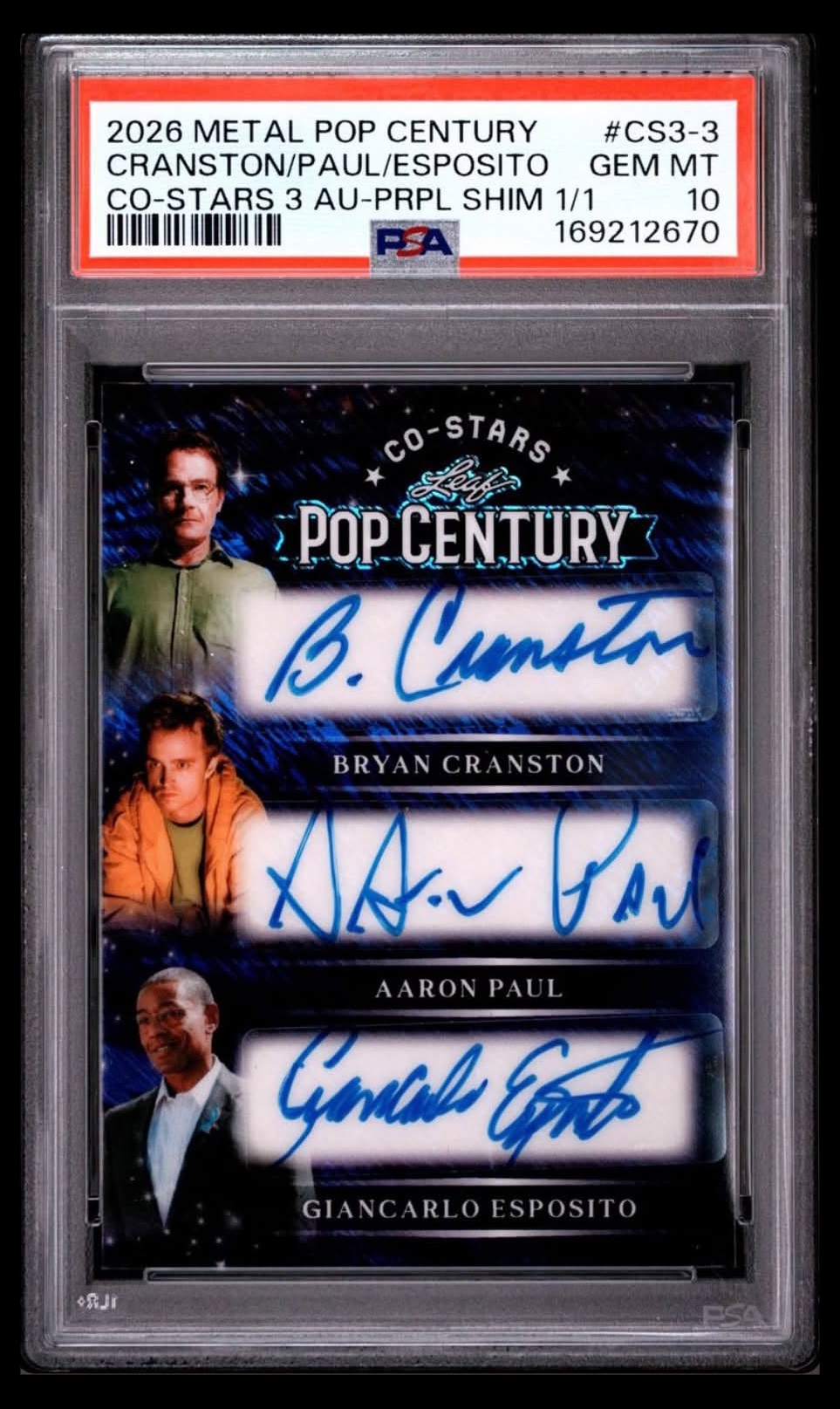2026 Leaf Metal Pop Century Co-Stars 3 Cranston/Paul/Esposito Purple Shim 1/1 PSA 10